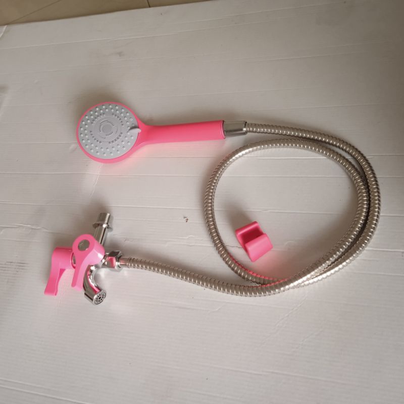 Hand Shower Set Pink Fuscia Terbaru Shower 3 Mode Air + Kran Cabang Pink + Selang Pink + Hanger Pink