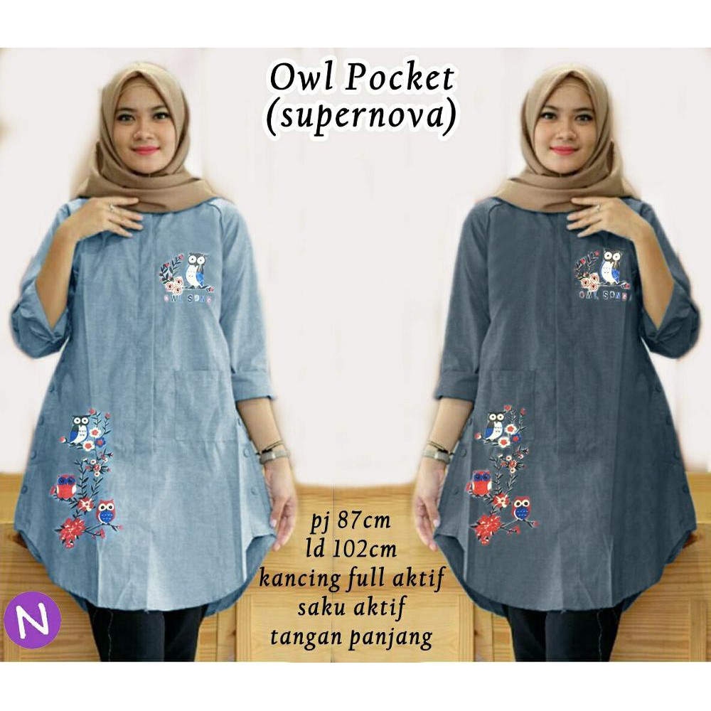 cn 58358 owl tunic tunik kemeja putih lengan panjang wanita murah simple elegan hujan muslim modis