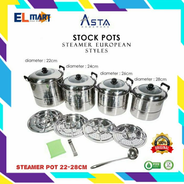 Asta Stock Pot European Dandang Panci Steamer Stainless Set 22 - 28cm