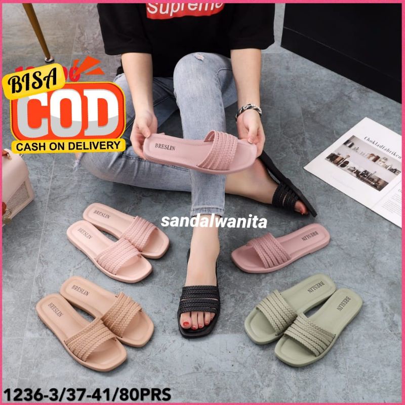 Sandal Jelly Selop Wanita Breslin 1236-3 Karet Import Pita kecil