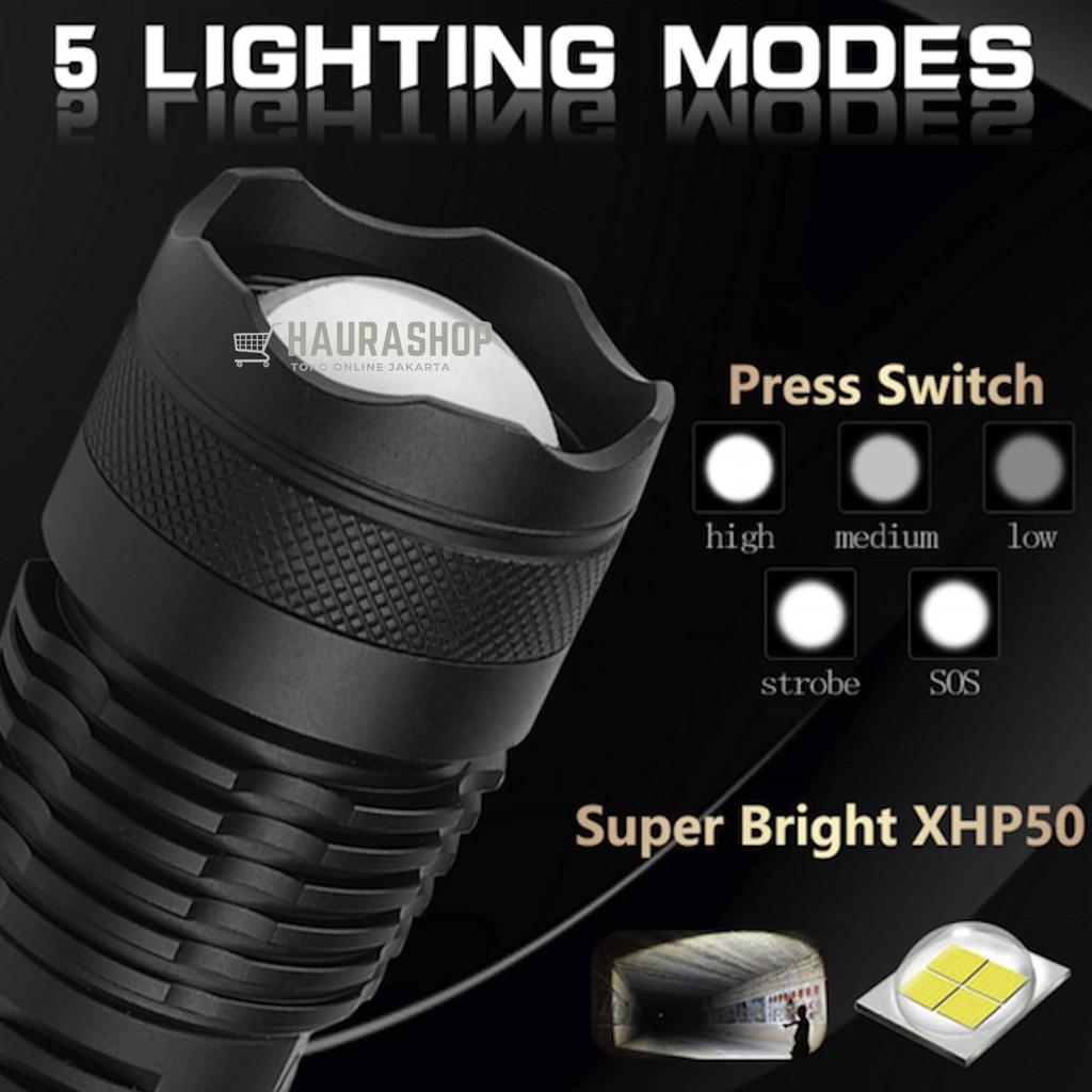 XHP50 Senter LED USB Recharge Jarak Jauh 600 - 1000M 15000 Lumens XHP50 Super Terang Anti Air