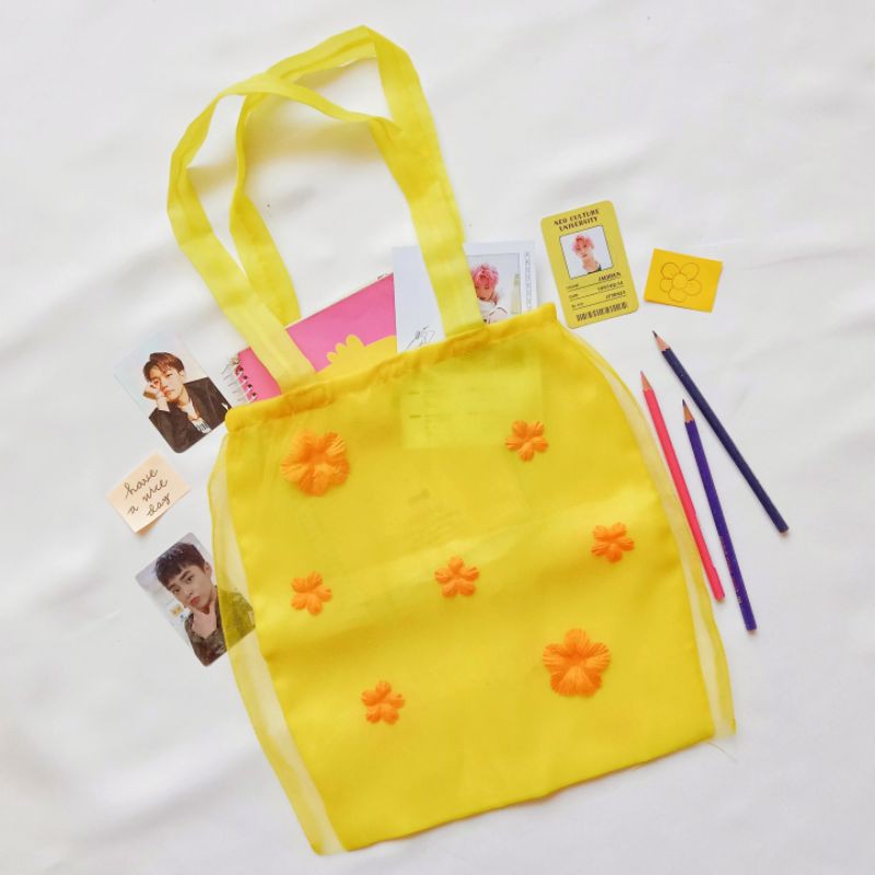 Totebag Organza Handmade Bunga Lucu Seethrough Mesh Murah Kualitas Bagus High Quality | Maita Yellow