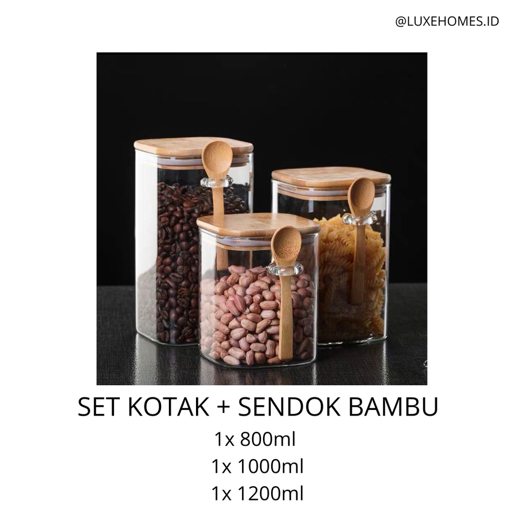 SET Toples Kaca Tutup Kayu / Penyimpanan Snack Bumbu / Snack Jar / Toples Beling Kedap Udara