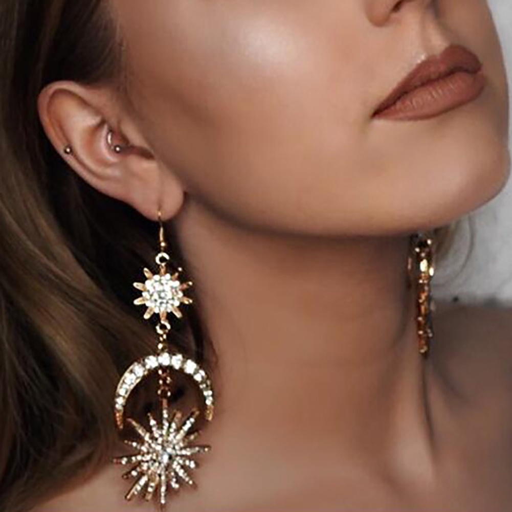 Hu Hu Hu Hu Hu Alat Bantu Pasang Kacamata♡ Anting Kait Gantung Statement Desain Bulanmatahari Hias Berlian Imitasi Gaya Mewahboho Berkilau Untuk Wanita