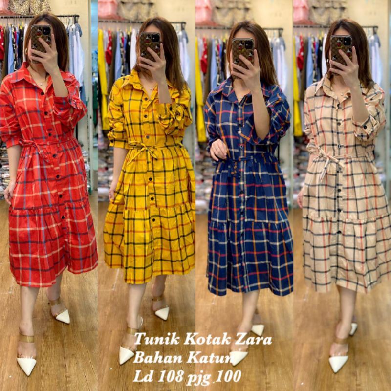 Tunik motif kotak model zara bahan katun ( jumbo size )