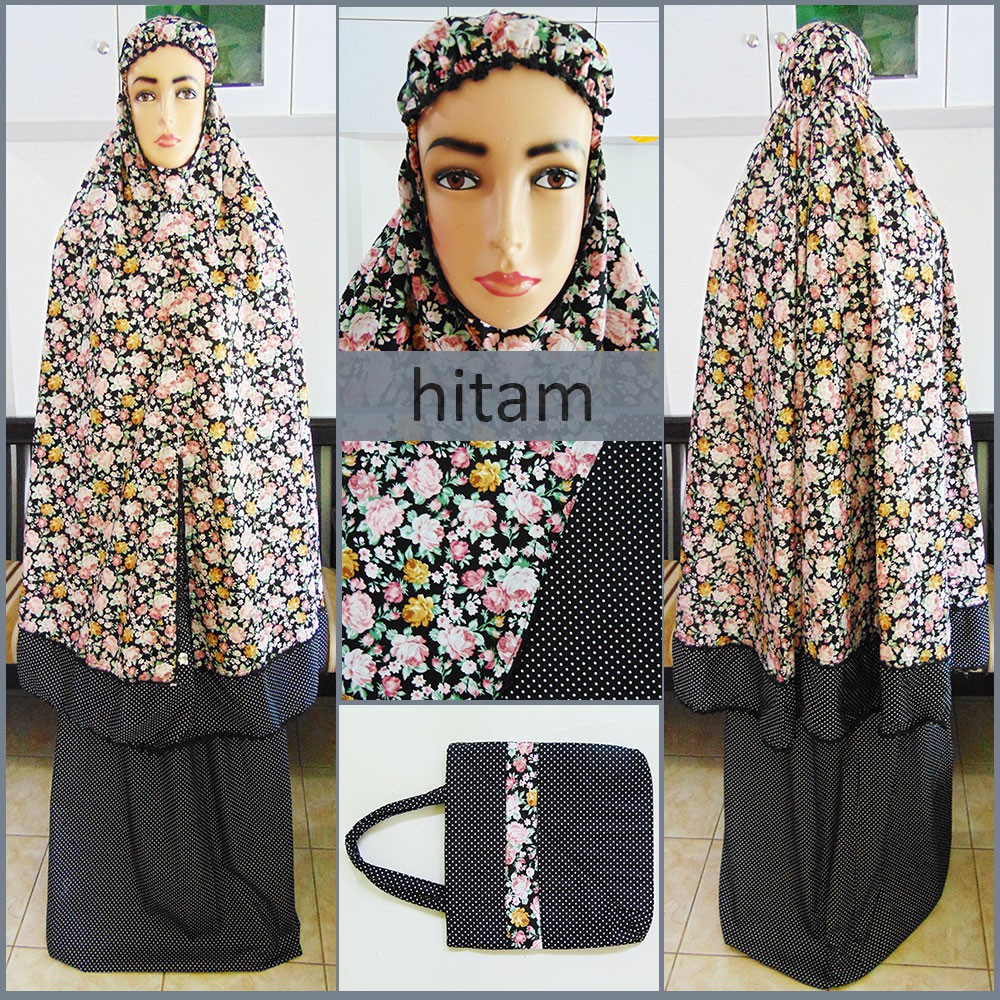 Mukena Katun Jepang Renda Sulam motif mawar kecil warna hitam