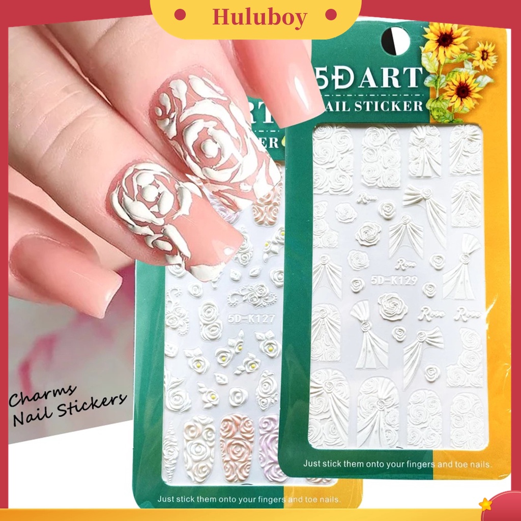 Huluboy Huluboy♡ Stiker Kuku Desain Bunga Timbul 5D Warna Putih Untuk Manicure