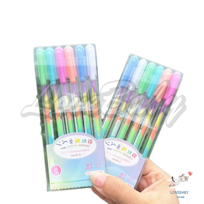 [1KG 26PCS] LBS Pena Gliter Warna Rainbow / Bolpen Jel Pelangi / Drawing Pen Warna Blink Kotak 6 Pcs