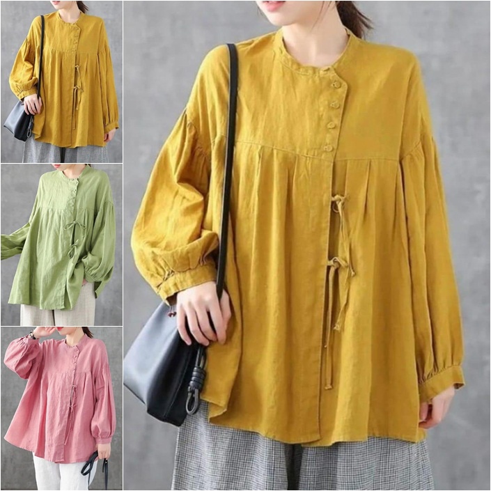 Blouse Korean Style Jumbo - Giovana Blouse Oversize Linen Kancing Depan - Atasan Wanita Murah '