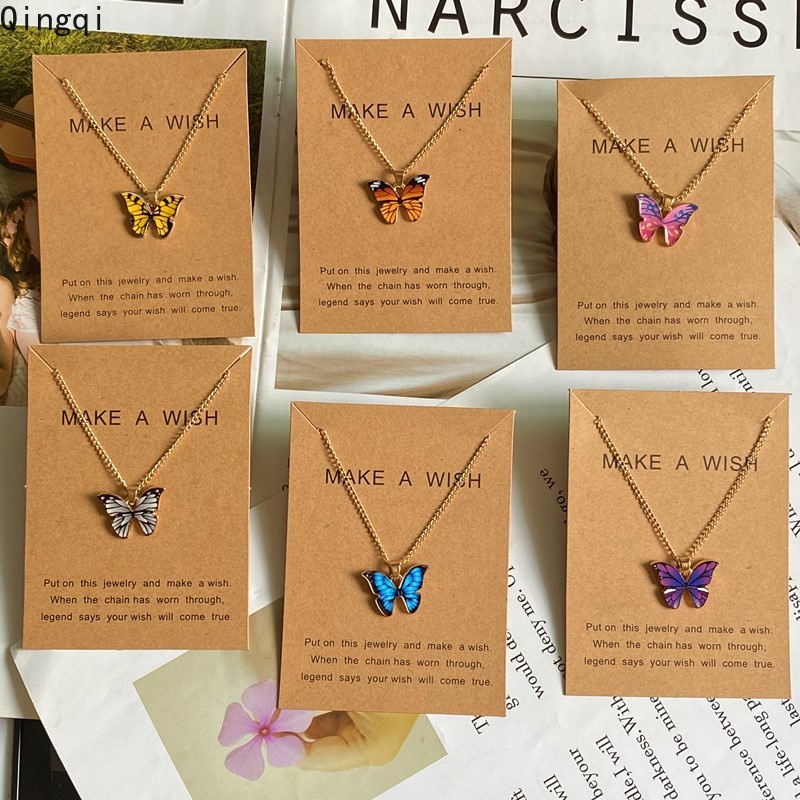 Anting Dan Kalung Rantai Liontin Butterfly Warna-Warni Untuk Wanita