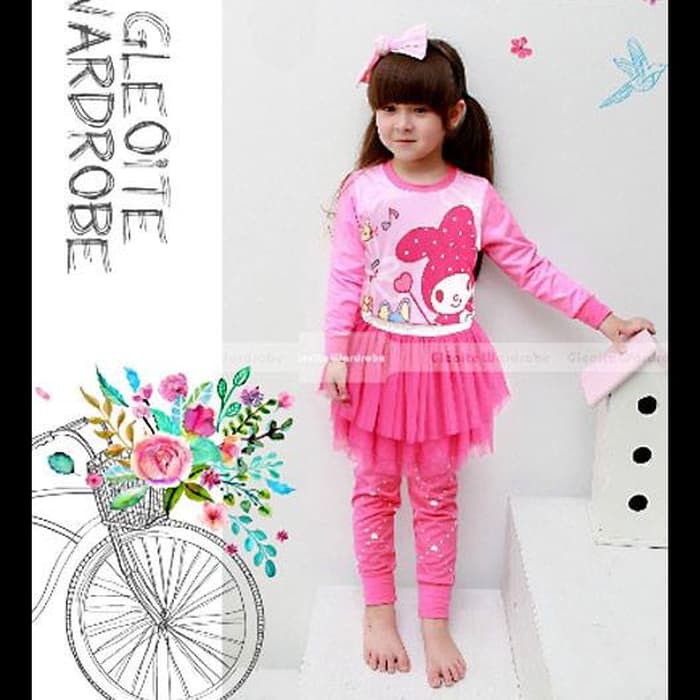 Setelan Piyama Anak Cewek Fashion My Melody Set 3in1 (baju, celana, rok tutu)