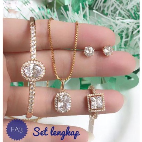 (JUL) Set Perhiasan Lapis Emas Xuping Gelang Kalung Cincin Anting Batu Permata Berlian Titanium