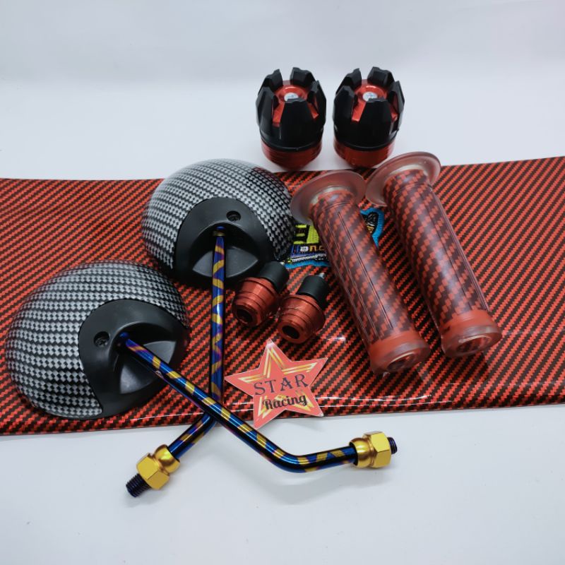 Spion Scoopy Carbon tangkai blue xx+kulit jok+handgrip carbon+Jalu stang+Jalu as roda universal Honda bebek matic