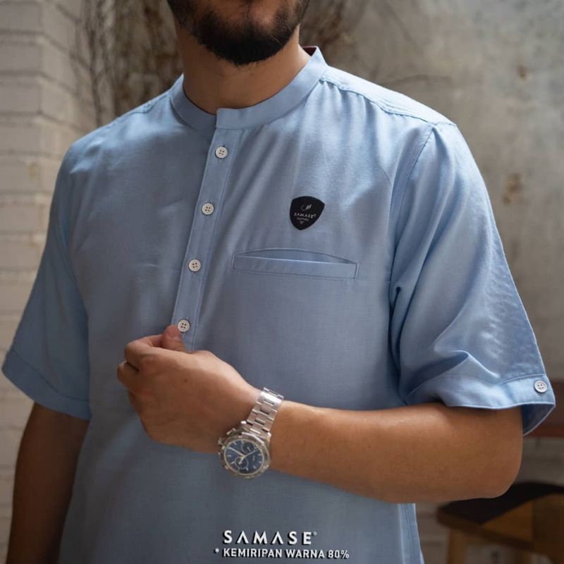 kemko kemeja koko pria samase good size M baby blue biru muda denim preloved