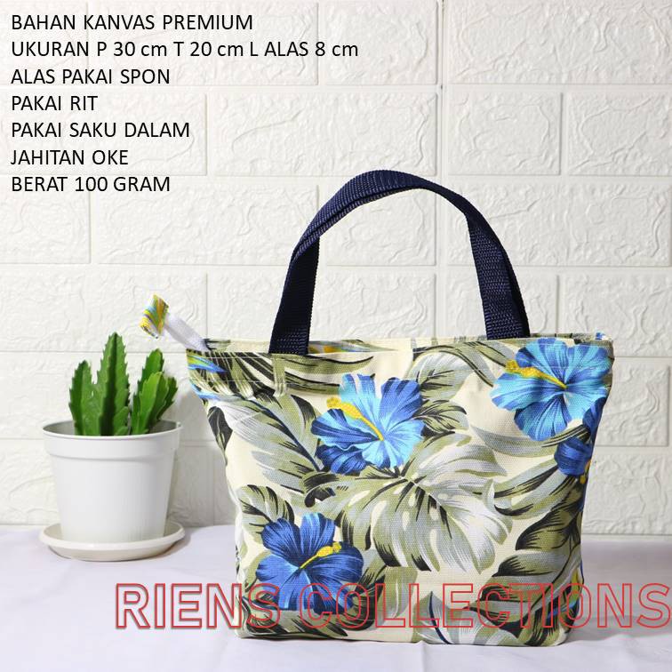 RIENS COLLECTIONS. HANDBAG KANVAS KECIL MOTIF BUNGA SEPATU BIRU