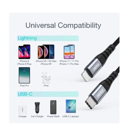 Cable usb type-c pd to lightning choetech MFI sync charge 3A 480Mbps 2m 2 meter nylon braided ip0041 0041