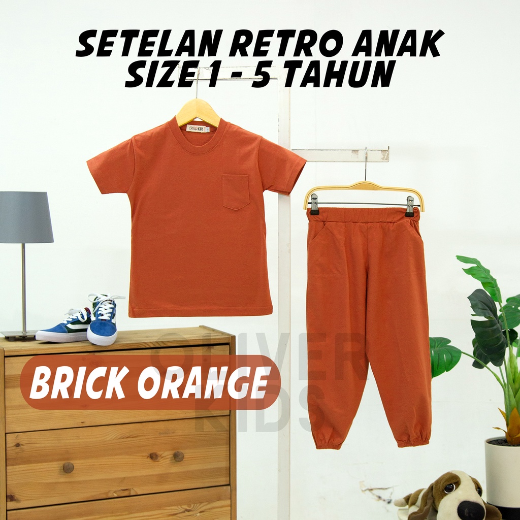 OliverKids Setelan Anak 1-5 Tahun Setelan Kiano Pocket Anak Celana Jogger Dan Baju Anak Polos Katun Combed One Set Henley Tee Setelan Pantai Anak-JOGGER BRICK Orange