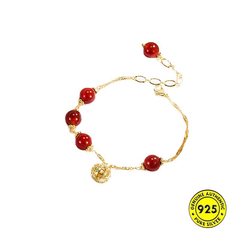 Au750 Gelang Tangan Manik-Manik Batu Agate Merah Vintage Untuk Wanita U1004