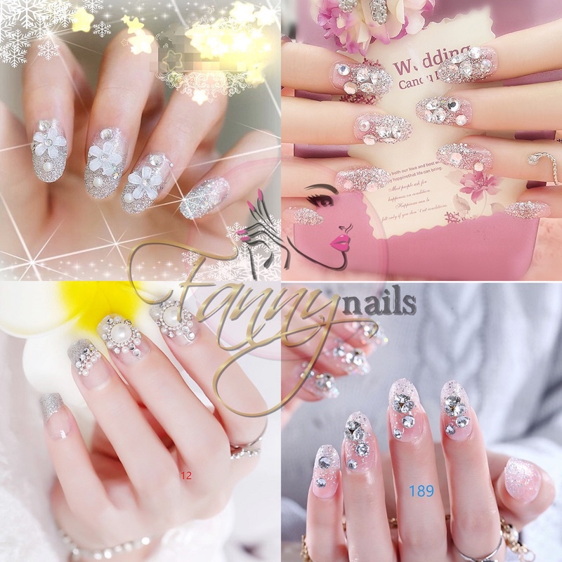 24PCS SILVER WEDDING FAKE NAILS KUKU PALSU PERNIKAHAN KUPAL PERKAWINAN RHINESTONE GLITTER FAKE NAILS