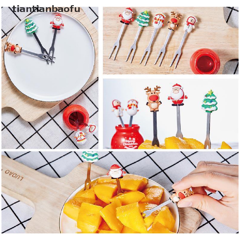 5pcs / Set Garpu Buah Salad Sayuran Desain Kartun Santa Claus Bahan Stainless Steel Untuk Natal