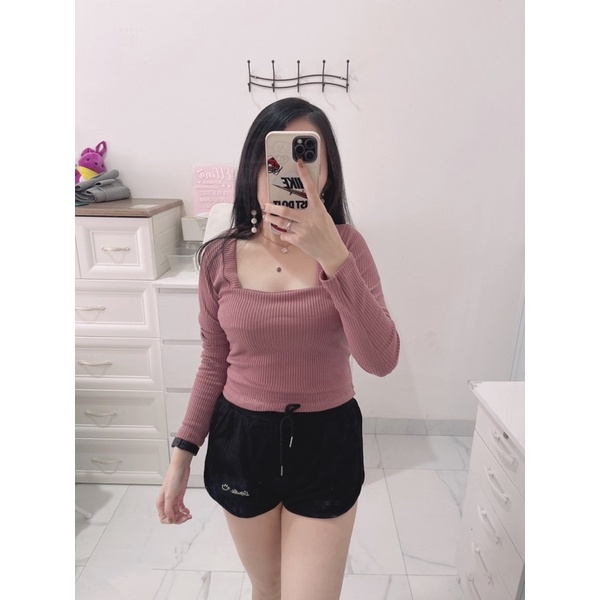 atasan wanita polos lengan panjang rajut square  import.croptop polos wanita lengan pjg import.top lengan panjang polos murah kekinian.top lengan pjg leher square