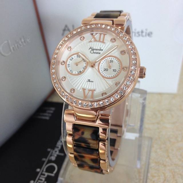 Jam Tangan Cantik Wanita Alexandre Christie AC 2514 Rosegold Ceramik Brown Loreng Original