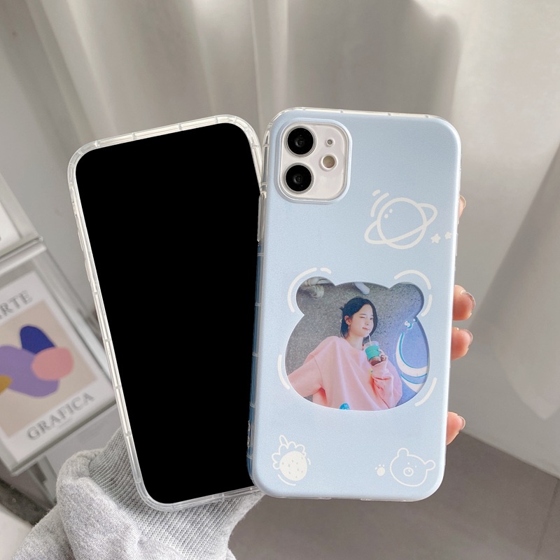 Couples Blue Bear Photo Card Airbag Silicone Case VIVO Y21S Y21A Y21E Y21G Y50 Y30i Y20S Y20i Y12S Y93 Y91C Y95 V9 S1 V20 V15 Pro V11i V20SE V21 Y19 Y15S Bumper Protect Cover Casing