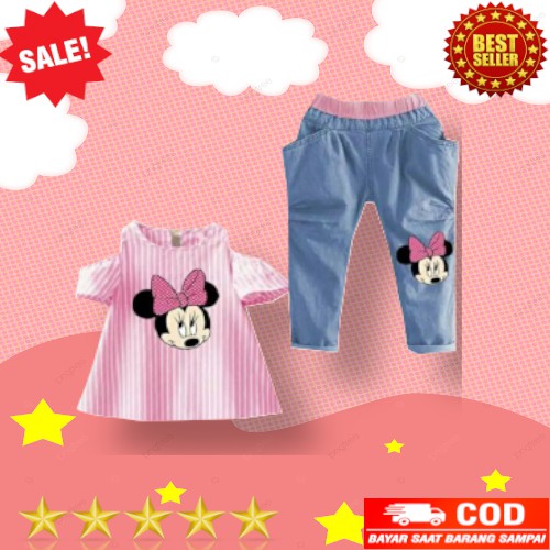 Vision Online -[GRATIS ONGKIR/COD] Stripy minnie pinky/ setelan baju anak perempuan sabrina 1-4 thn