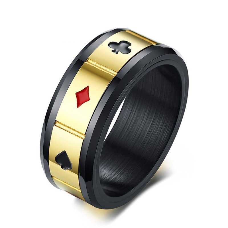 Cincin desain poker stainless steel bermata emas dan hitam yang dapat diputar Perhiasan fashion pria dan wanita