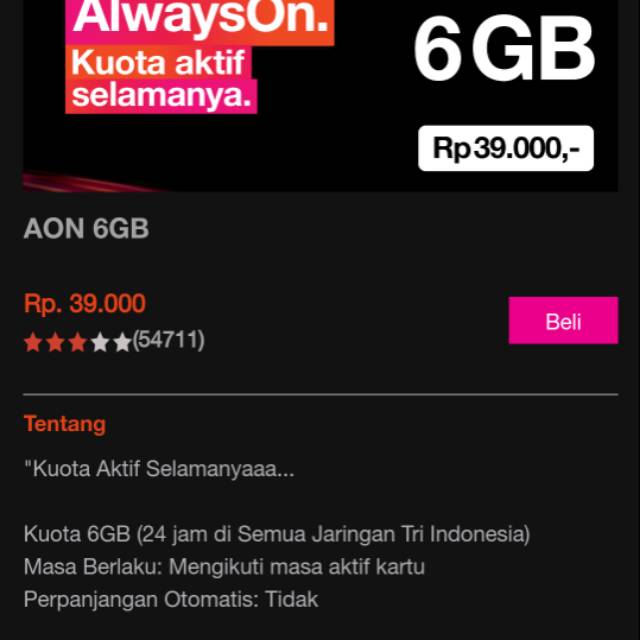 Kuota Tri AON 6GB Masa Aktif Selamanya