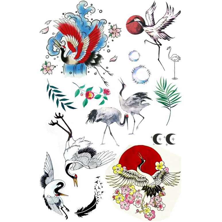 Stiker Tato Temporary Desain Burung Bangau Sun Crane Warna Merah
