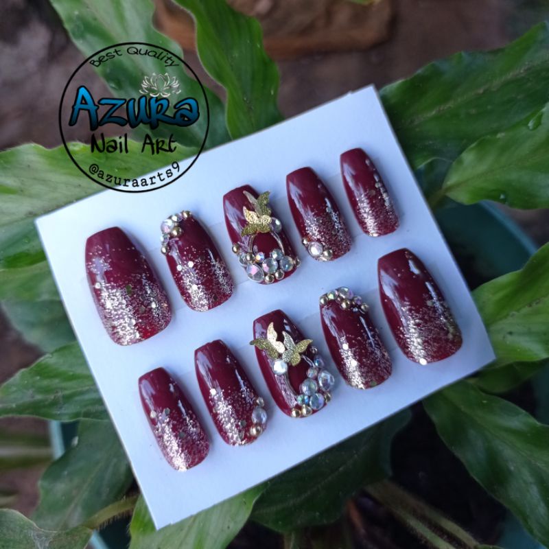 KUKU PALSU MAROON BUTTERFLY / NAIL ART MIX GOLD / Agen KUPAL WEDDING Homemade