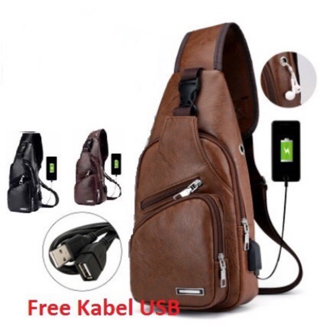 TAS KULIT SELEMPANG PRIA / COWOK Tahan Air Free Kabel USB