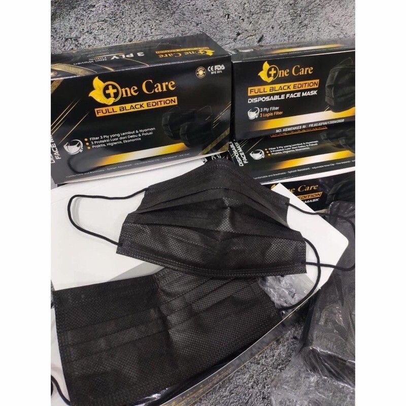 Masker Earloop Black Chasa Onecare 3ply isi 50 Pcs Kemenkes Earloop Full Hitam