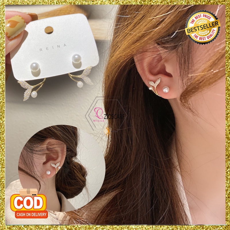 ANTING KOREA WANITA TITANIUM ANTI KARAT ANTING GAYA ELEGAN TUSUK MOTIF FISHTAIL PEARL GIWANG AKSESORIS FASHION IMPORT ANT62