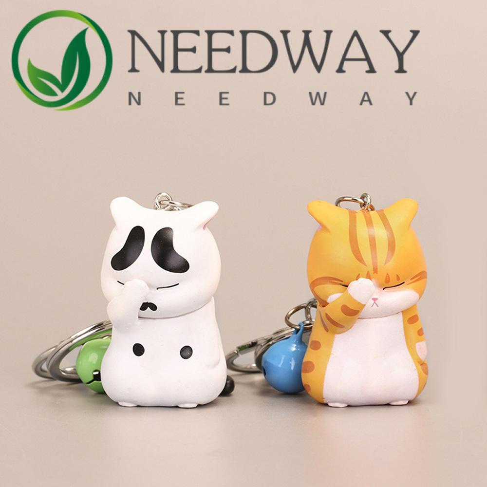 Needway  Fashion Jewelry Shy Cat Keychains Ornaments Gifts Chubby Kitten Animal Keyrings Cute Charm Cartoon PVC Bell Door Key Bag Decoration/Multicolor