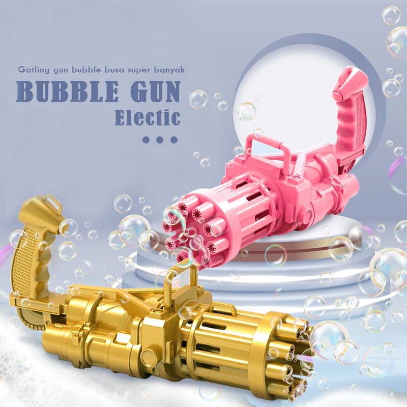 Tembak gelembung mainan anak pistol bubble gun machine electric bikin gelembungan banyak warna hitam biru pink 8 lubangcocok untuk hadiah kado pesta ulang tahun