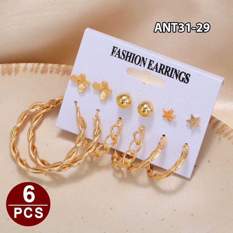 1set 6pasang Anting Wanita korea Tusuk Gantung Desain Geometri Rumbai Alloy fashion import ANT31-ANT31-29