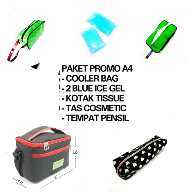 PROMO PAKET A4 , COOLER BAG ARGEN + 2 BLUE GEL + 1 TEMPAT PENSIL + 1 TAS COSMETIC + 1 TAS TISU sy66