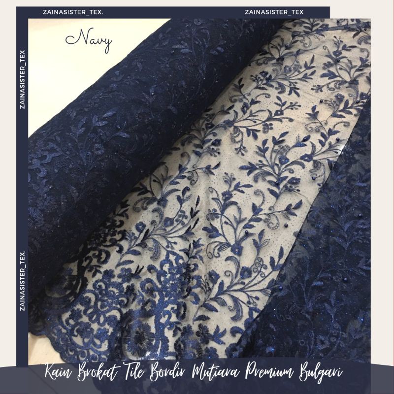 Kain Brokat Tile Bordir Mutiara Premium Bulgari Warna Biru Dongker Navy