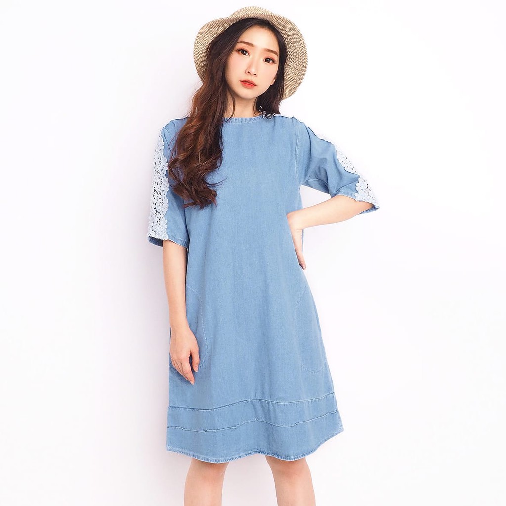 HOPYLOVY - Midi Dress Jeans Wanita Kombinasi Brukat Lorena