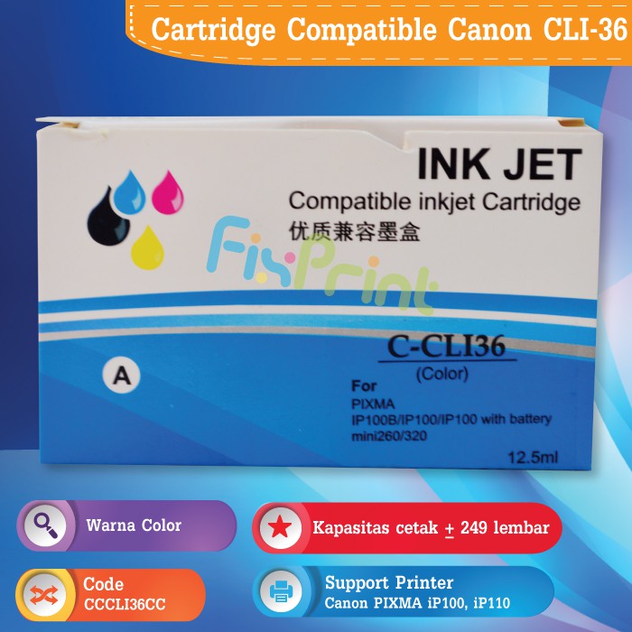 Cartridge Tinta Compatible Canon Plus Chip CLI-36 CLI36 CLI 36 C-CLI36 CL36 CL 36 Tri-Color