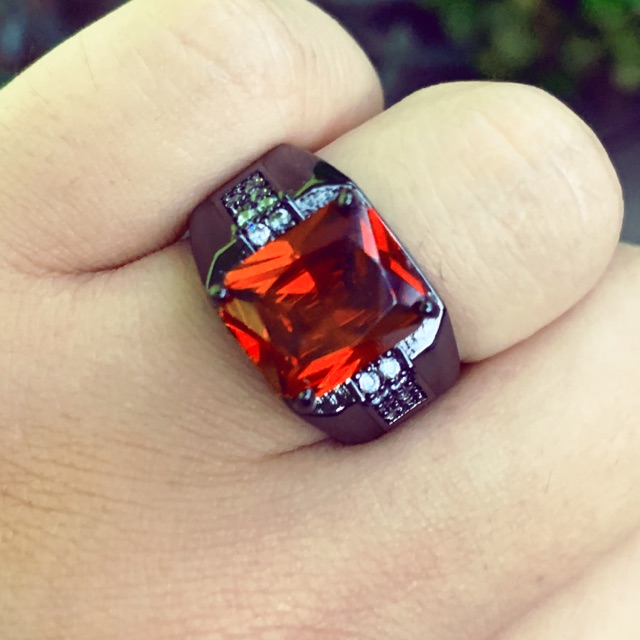 Cincin Pria Akik Merah Red Ruby Casual Minimalis Mewah Ring Hitam 18K Gold Filled Black Platted