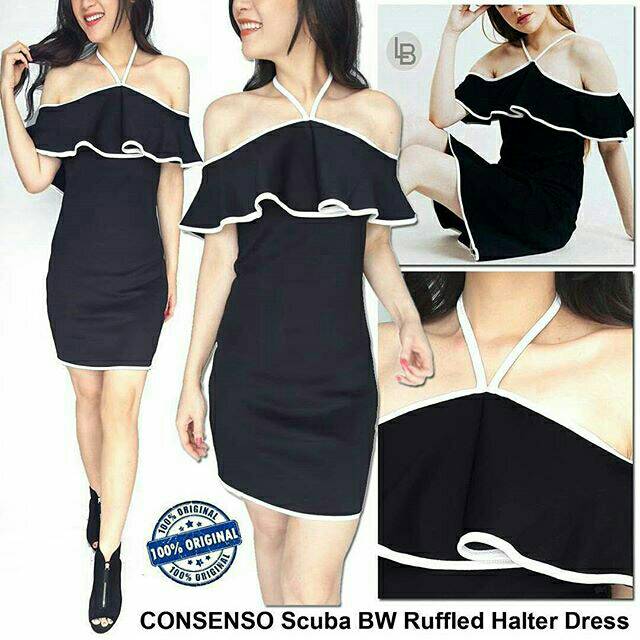 CONSENSO Scuba BW Ruffled Halter Dress