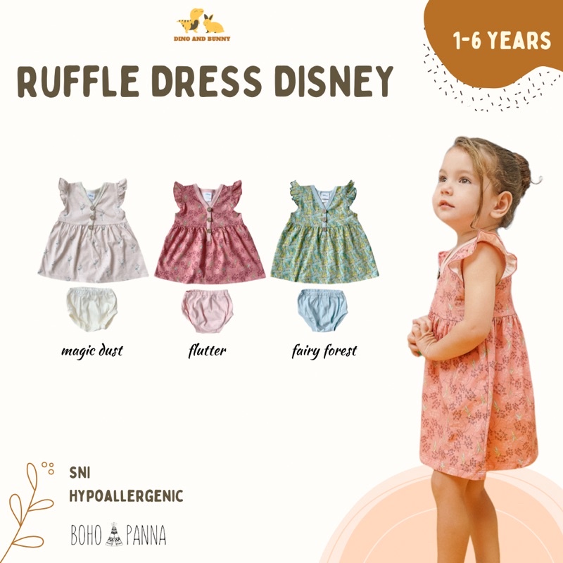 DINOANDBUNNY - RUFFLE DRESS DISNEY - Bohopanna X Tinker Bell - Dress Bayi dan Anak Perempuan - Baju Bayi