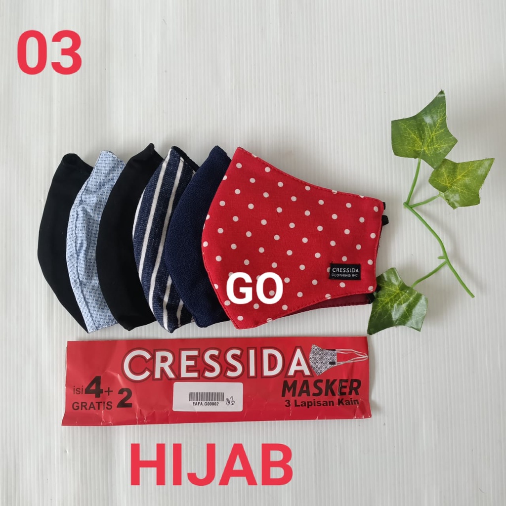 gof MASKER CRESSIDA ISI 4 GRATIS 2 Masker Dewasa Hijab &amp; NON Hijab