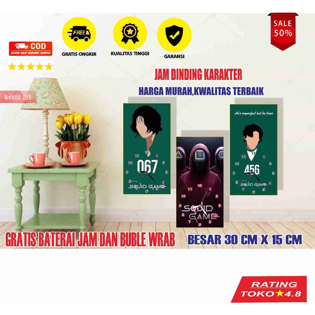 Jam Dinding Besar DIY Dekorasi Ruangan Quartz Creative Design Diameter 15cm Karakter Squid Game Series Unik Terbaru Murah Minimalis