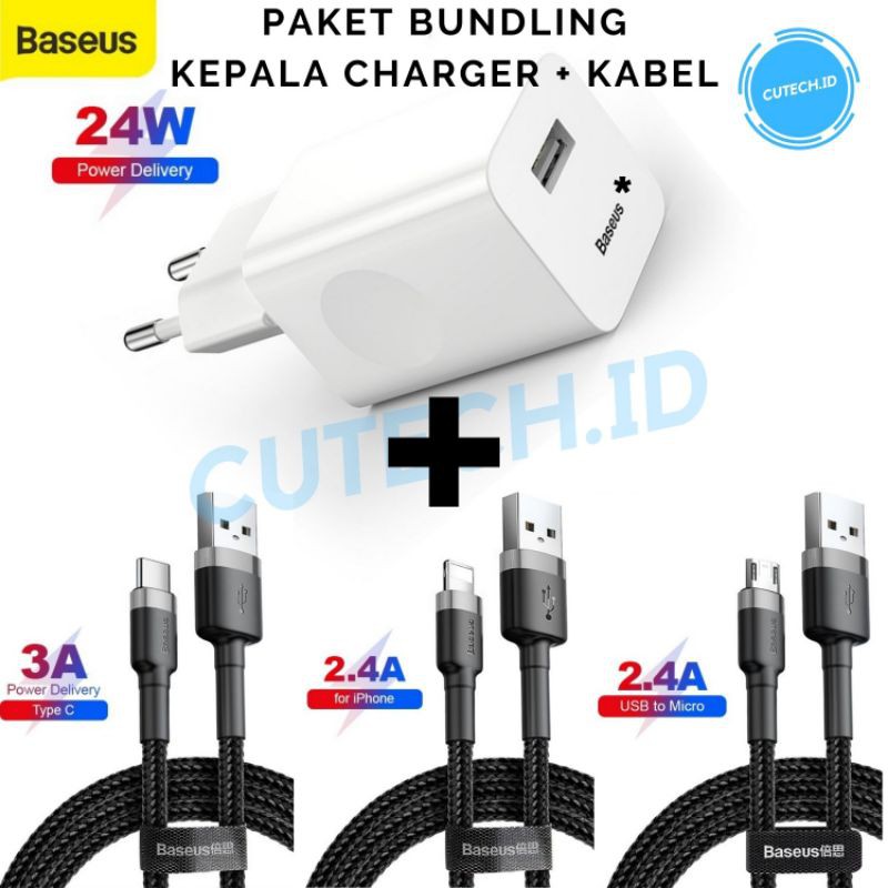 BASEUS PAKET BUNDLING KEPALA CHARGER 24W QC 3.0 + KABEL DATA MICRO USB / TYPE C / LIGHTNING