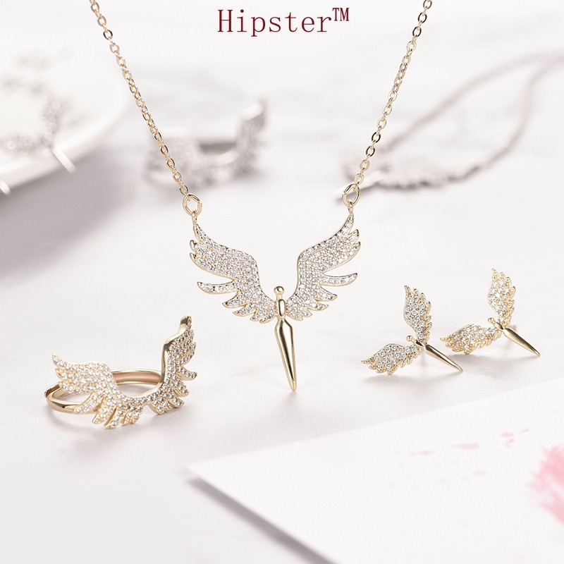 New Fashion Luxury Guardian Angel Diamond Ring Necklace Ear Stud Three-Piece Set