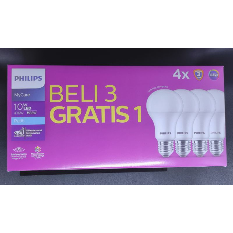 PHILIPS LED mycare 10 watt putih paket beli 3 gratis 1, lampu paket